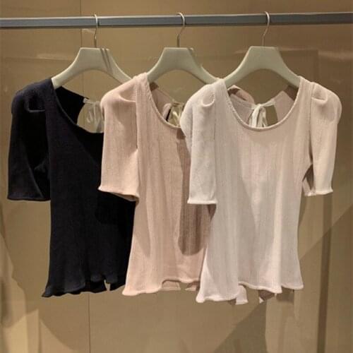 Back Neck O Lace Up Puff Half Sleeve Solid Ribbing Knitted Pullover Japan Style Sweater 2021 Summer New Women Tops