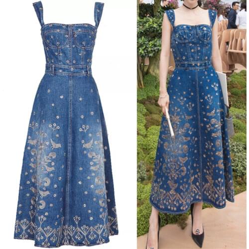 Runway Designer Summer Denim Dress Women Flower Embroidery A-line Big Swing Loose Strap Long Dresses Ball Gown