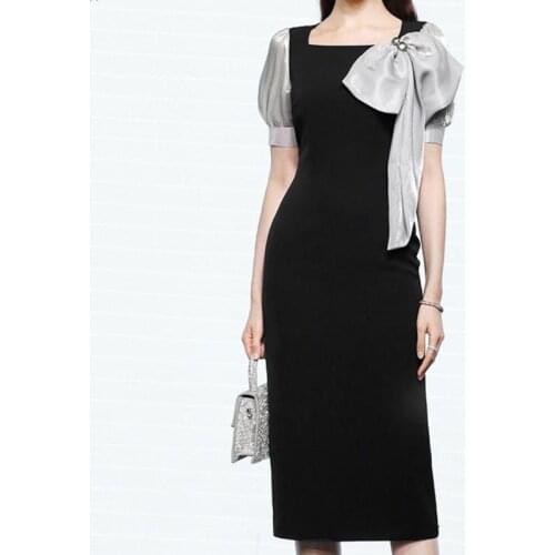 JSXDHK 2021 Runway Summer Party Dresses Vintage Women Hit Color Patchwork Beaded Bow Female Square Collar Bodycon Pencil Dress