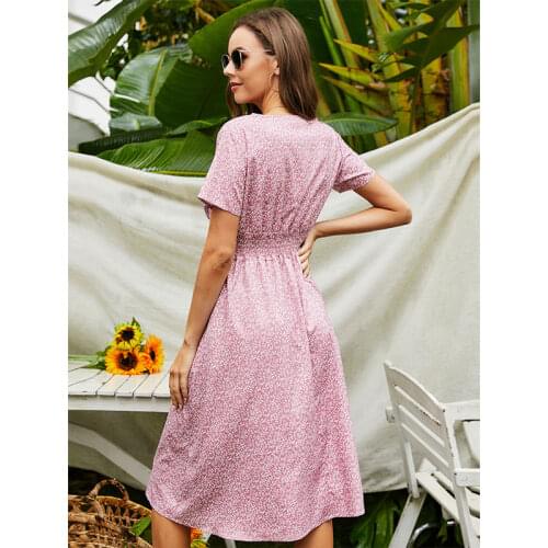 Dress Ladies Summer 2021 Floral Print Chiffon Casual Summer Beach Dress V-neck Short Sleeve A-line Flower Mid-length Dress