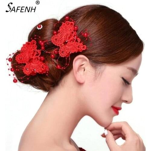 1pc women Wedding Bridal Bridesmaid Red White Crystal Pearl Butterfly Hairwear Hair Pin Clip Tiara