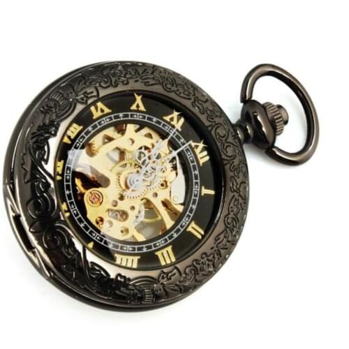 10pcs/lot Antique Black Skeleton Mechanical Pocket Watch Roman Dial with Chain Men Women Pocket Watches Collection