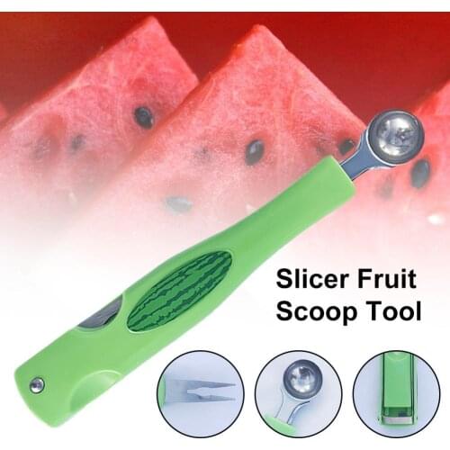 2Pcs Portable 3 in 1 Stainless Steel Melon Fork Slicer Fruit Scoop Tool