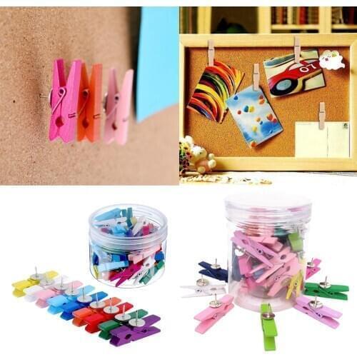 20/30/50x Colored Wooden Clips Paper Photo Clothespin Thumb Tacks for Note Board