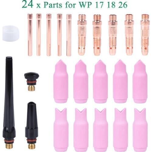 24Pcs TIG Welding Torch Inside Outside Degree Gas Lens For WP17 WP18 WP26 TIG Back Cap Collet Bodies Spares Kit Accessories