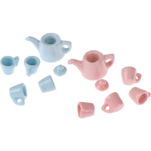 5Pcs/set 1:12 Miniature Modern Porcelain Tea Cup Set Ceramics Tableware Kitchen Dollhouse Teapot Solid Color
