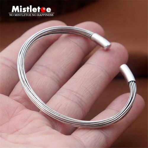 Authentic 999 Sterling Silver Vintage Retro Simple stripes Open Adjustable Bangle Bracelet Jewelry For Women