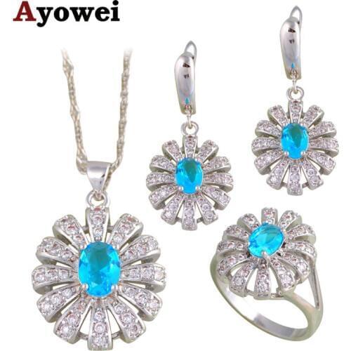 Ayowei Popular New Style Gift Light Blue Zircon Silver Stamped Fashion Jewelry Sets Earrings Pendant Necklace Rings JS674A