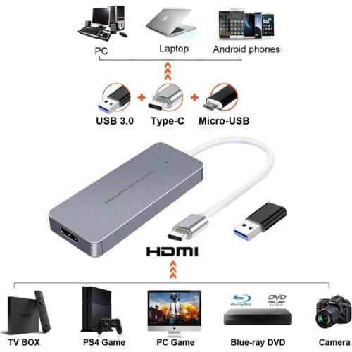 HDMI To Type C USB 3.0 1080P 60fps Game Video Capture Card Grabber Recorder OBS Live Streaming Box for Macbook Mac Windows Win10