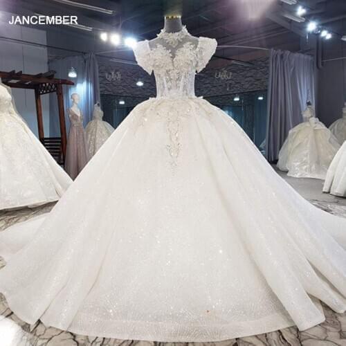 HTL2089 Short Sleeve Sexy V-Neck Ball-Gown Beaded Crystal Luxury Sequined Wedding Dress 2021 Lace Up Back