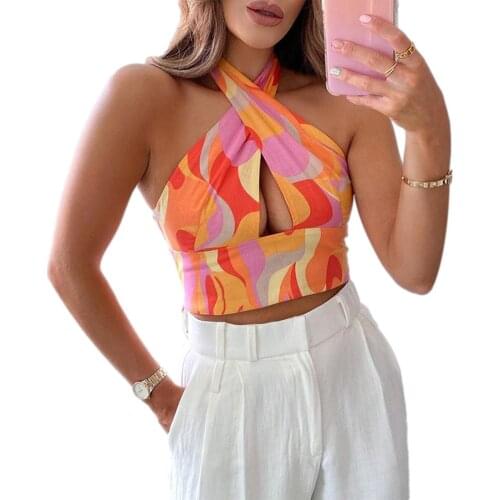 IMCUTE Y2K Sexy Cross Hollow Print Halter Vest Womens Summer Fashion Cross Bandage Navel Halter Bandage Top Short Street Top
