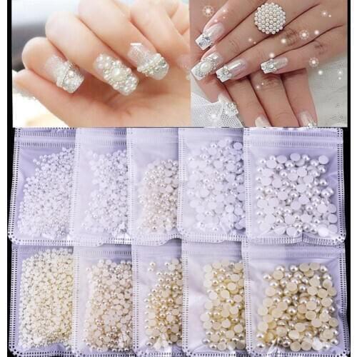 1 Bag White/Ivory Artifical Imitation Pearls Bead Flat back Half Round Mixed 2-7 mm Beads Pearl For Nail Art Deco ZD26