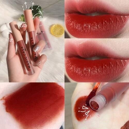 MAGIC CASA Matte Velvet Lip Glaze For Student Liquid Silky Lipstick Lip Gloss Waterproof Non-stick Cup Sexy Red Lip Makeup TSLM2