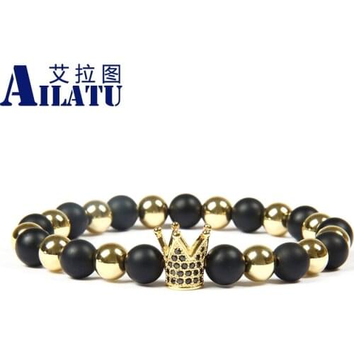 Mens Jewelry Wholesale 8mm Top Quality Matte Onyx Stone Black Cz Crown & Stoppers Beaded Bracelets for Mens Gift
