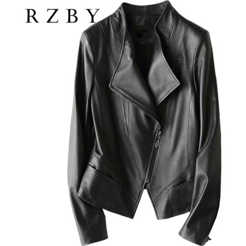 New Autumn Ladies Winter Black Sheep Leather Slim Jacket Zipper Stand Collar Jacket Sports Motorcycle пиджак Chaqueta RZBY182