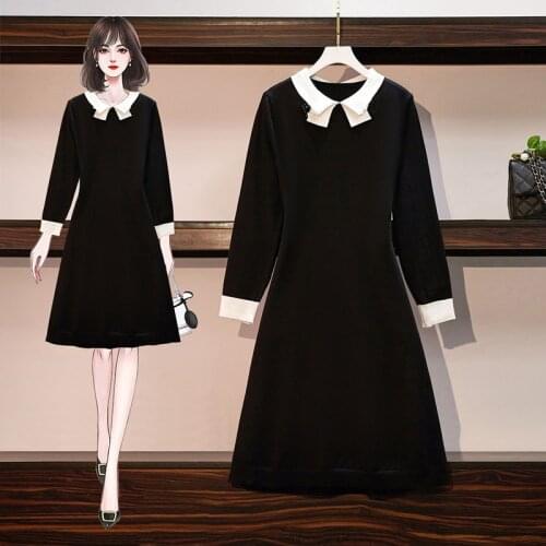 New black white office Dress cute Europen style dress peter pan collar full sleeve loose casual feminina