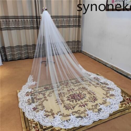 2021 Sequins Real Photo 3m One Layer Wedding Veil With Comb White Lace Edge Bridal Veils Ivory Appliqued Cathedral Wedding Veil