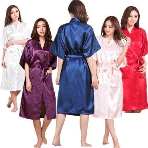 Wholesale Womens Pure Color Long Satin Silk Robes Solid Kimono Nightgown Dress Gown Plus Size Bathrobe T29