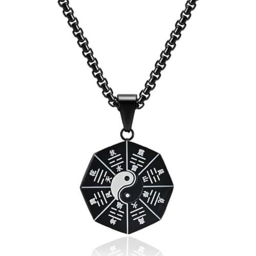 Stainless Steel Punk Rock Black Taichi Yin and Yang Pendant Necklace Fashion Religious Gift For Him with Chain