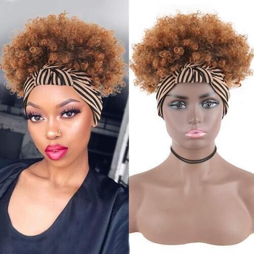 Headband Wig Synthetic High Puff Turban Short Afro Kinky Curly Wig for Black Women Headwrap Drawstring Wrap-Wig 2 in 1