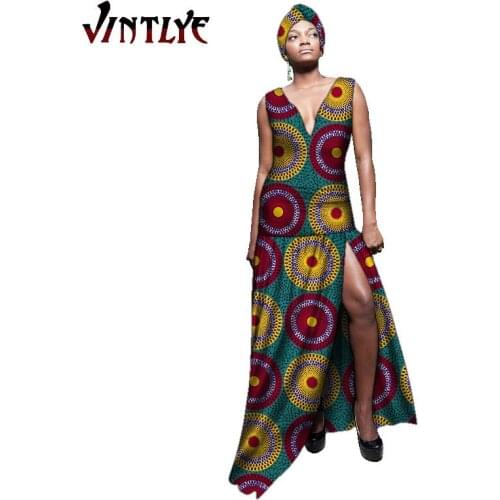 African Fashion Elegant V-neck Dresse for Women with Head Scarf Floral Print Dashiki Party Dress Sexy Split Lady Evening Gowns