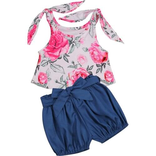 Girls Casual Two-piece Clothes Set White Floral Printed Pattern Sleeveless U-shaped Collar Tops and Shorts