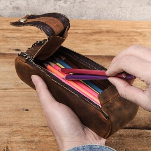 Retro Leer High Capacity Pen Case Creatieve Zipper Design Pencil Bag Tas Handgemaakte Vintage School Stationery