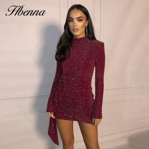 Hbenna Party Dress Long Sleeve Elegant Vintage Skinny Side Ruched Asymmetry Hem Solid Sexy Lady Bodycon Birthday Dress Autumn