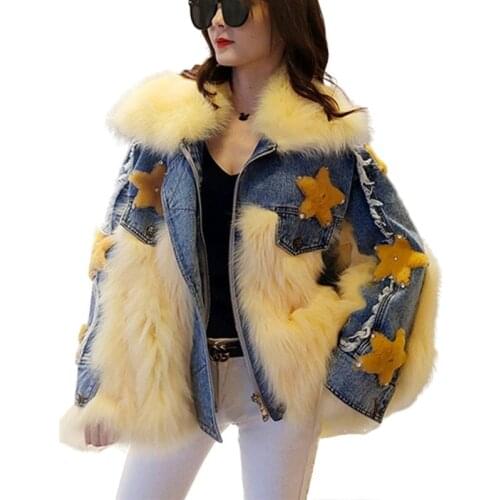 Clearance Plus Cotton Denim Jacket Women Real Fox Fur Coat Stars Pattern Autumn Winter Thick Short Warm Outerwear
