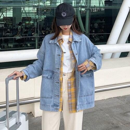 Spring Autumn Loose Retro Cowboy Coat Student Korean Lapel Long Sleeve Denim Jacket Tops Casual BF Style Women Chaqueta Cardigan