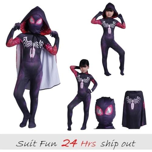 Women Spider-Gwen Cosplay Costumes Spandex black Gwen Hoodies with Headgear Costumes Suitable for Halloween 24 Hrs Shipped Out