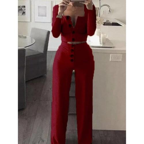 2 PCS Burgundy Womens Autumn Pantsuits Knitting Long Sleeve Crop Top +High Waist Pants Plus Size Straight Outsuit Pants