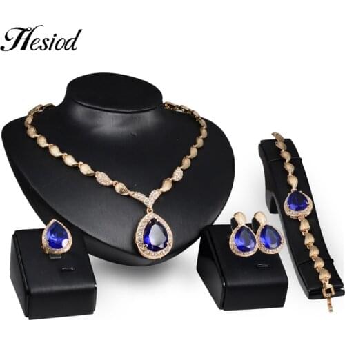 Blue CZ Crystal Gold Color Womens Jewelry Sets Water Drop Necklace Earrings Bracelet Ring High Quality Fashion African Jewelry