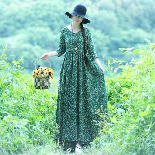 Women Dress Print Floral O neck 2020 Spring Autumn New Half Sleeve Vintage A line Cotton Fashion Women Robe 2XL 3XL