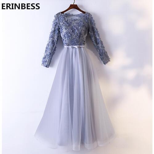 A Live Silver Gray Evening Dress Long Sleeve Bow Sashes Prom Dresses Long Dress Elegant Evening Dresses 2019 Robe De Soiree