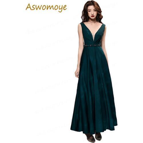 Green Evening Dress Women New 2019 Elegant Prom Party Dresses Sexy V-neck Crystal Sashes Floor Length a Line Banquet Dresses