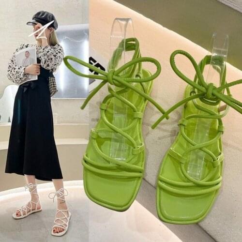 2021 Summer Ladies Sandals Ankle Straps Women Flat Sandals Open Toe Sandals Women Casual Soft Sole Non-slip Beach Shoes Green