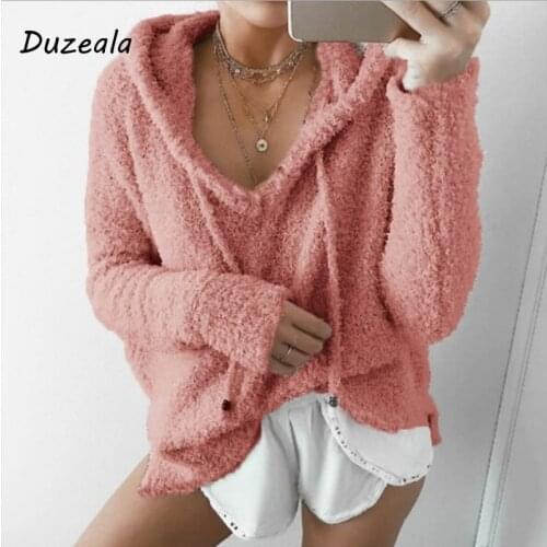 2021 Autumn Top Women Casual Mohair Hooded Pullovers V Neck Fleece Sweater Fashion Sweet Loose Warm Winter Mohair Tops Pullover