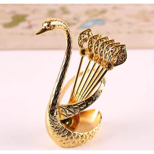 7Pcs/set Fruit Cake Coffee Tea Spoon Swan Holder Cutlery Set Stainless Steel Gold Tableware 1*Dining Base+ 6*spoons