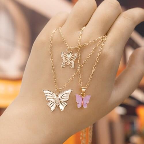 Bohemia Butterfly Necklaces for Women Candy Color Acrylic Butterfly Pendant Necklace Gold Silver Color Choker Necklace Jewelry