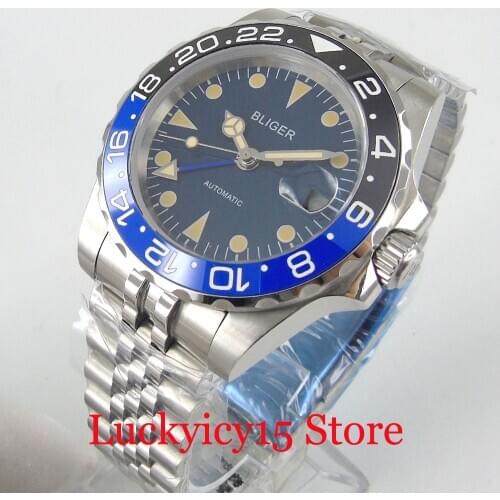BLIGER Brand GMT Model Automatic Men Wristwatch Black Blue Ceramic Bezel Jubilee Strap 40mm Case