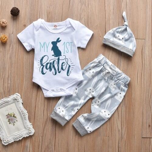 TELOTUNY clothing sets Newborn Infant Baby Boys Summer Short Sleeve Easter Bunny Letter print Romper+Pants+Hat Outfits Set