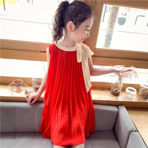 Kids Beach Drsses for Girls Hot Red Birthday Tutu Dresses Children Princess Pleated Dress for 4 7 8 9 11 12 14 Years Vestidos