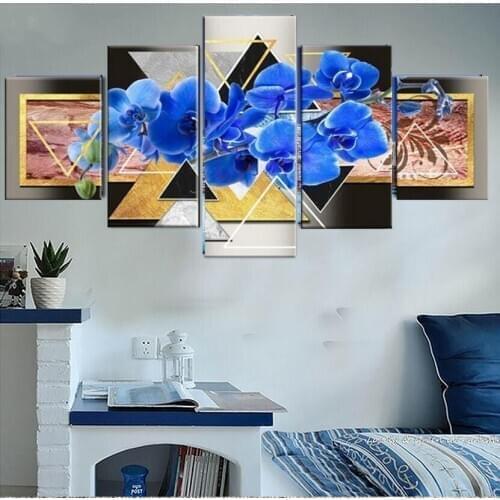 DIY Diamond Wall Painting Blue Orchids Sticker 5 Pcs Picture Flower 5D Full Round Drill Cross Stitch Home Decor Embroidery Gift