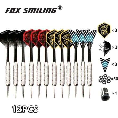Fox Smiling 12PCS 18/22/23g Steel Tip Darts With Aluminum Nylon Shaft With 9PCS Flights,60PCS Rubber O Ring, 1PCS sharpener
