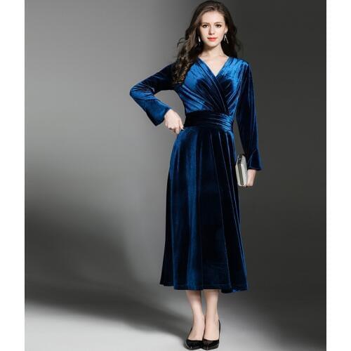 Elegant Blue V-Neck Velvet Dress Winter Dresses Women Vestido Vintage Long Sleeve Ladies Dresses Tunique Femme Dames Jurken