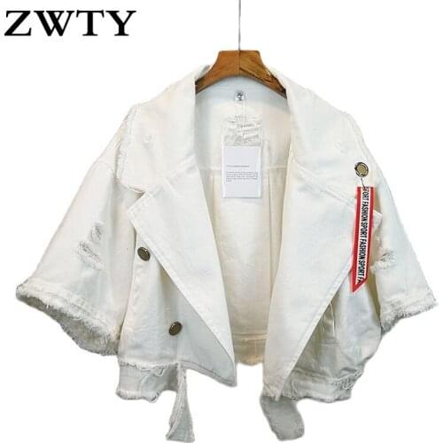ZWTY Spring High Waist Short Jacket Woman Windbreaker Clothes Autumn Loose Ripped Denim Female Jacket Jeans Streetwear Coat