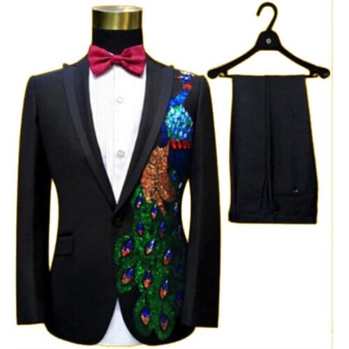 Wedding Best Men Suit Blazer Peacock Pattern Black Men Suit 2 pieces Groomsmen Tuxedos Mens Suits Slim Fit (Jacket+Pants+Tie)