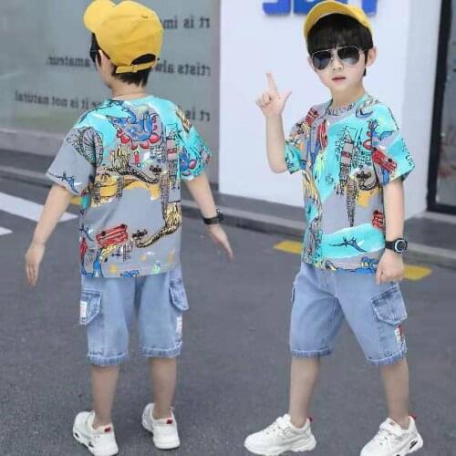 Summer children clothes 2021 boys Teen clothing cool cotton casual short sleeve T-shirt+denim shorts 2-13Y kids clothes