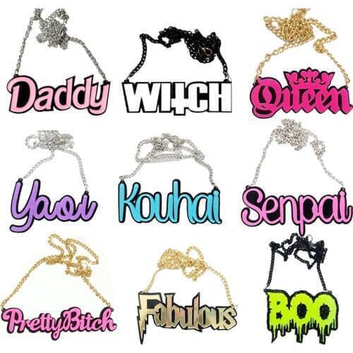 Fashion Sexy Colorful Glitter Letter Acrylic Necklaces For Women Long Bitch Senpai Boo Witch Halloween Necklaces Pendants N18013